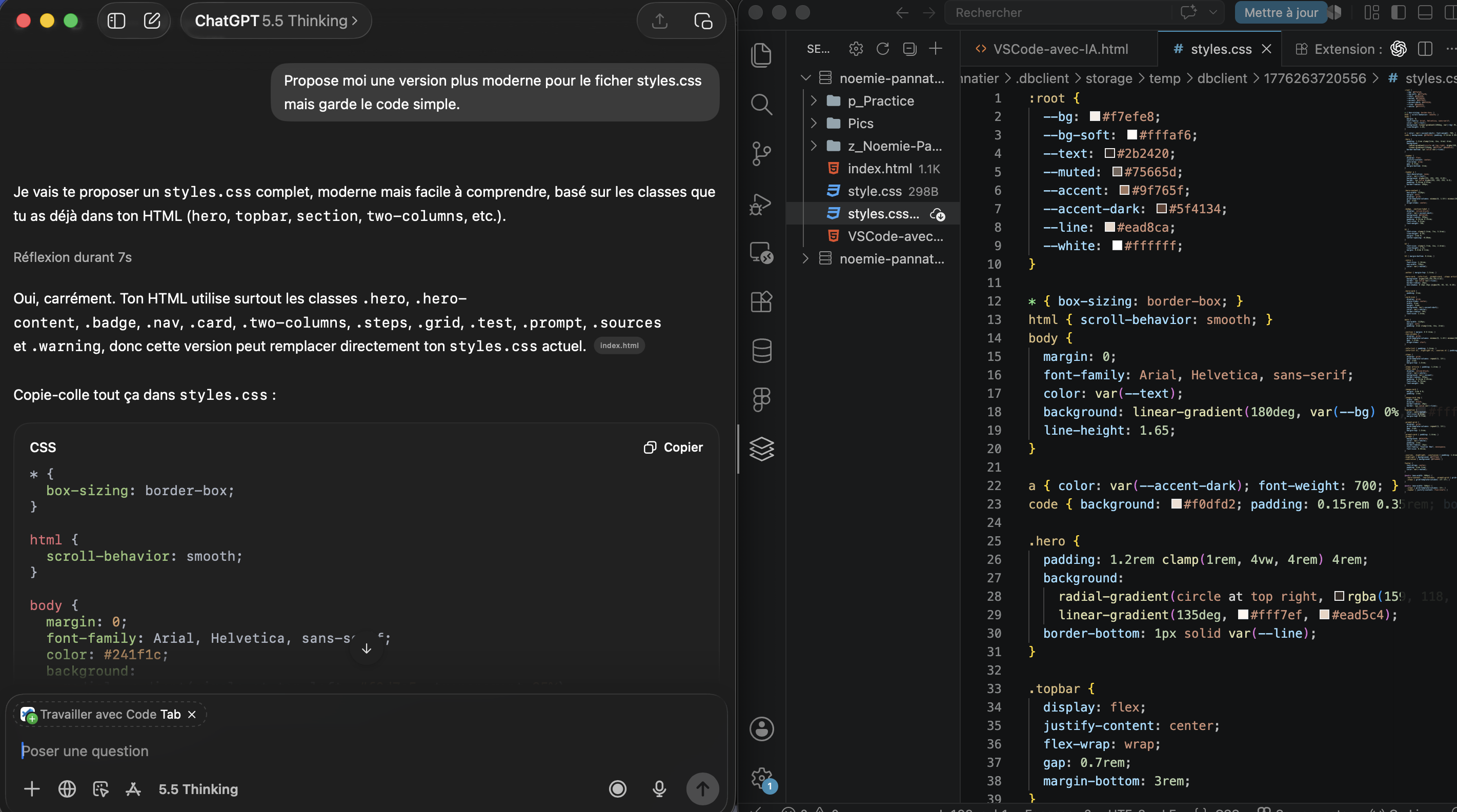 Exemples de prompts posés à ChatGPT pour travailler sur du code HTML et CSS